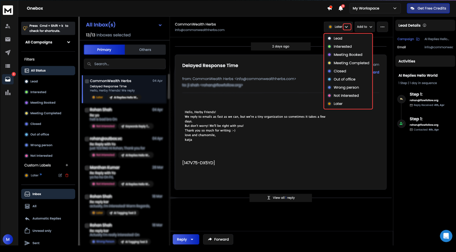 ReachInbox Onebox view showing email replies with lead status options like Interested, Meeting Booked, and Not Interested.”