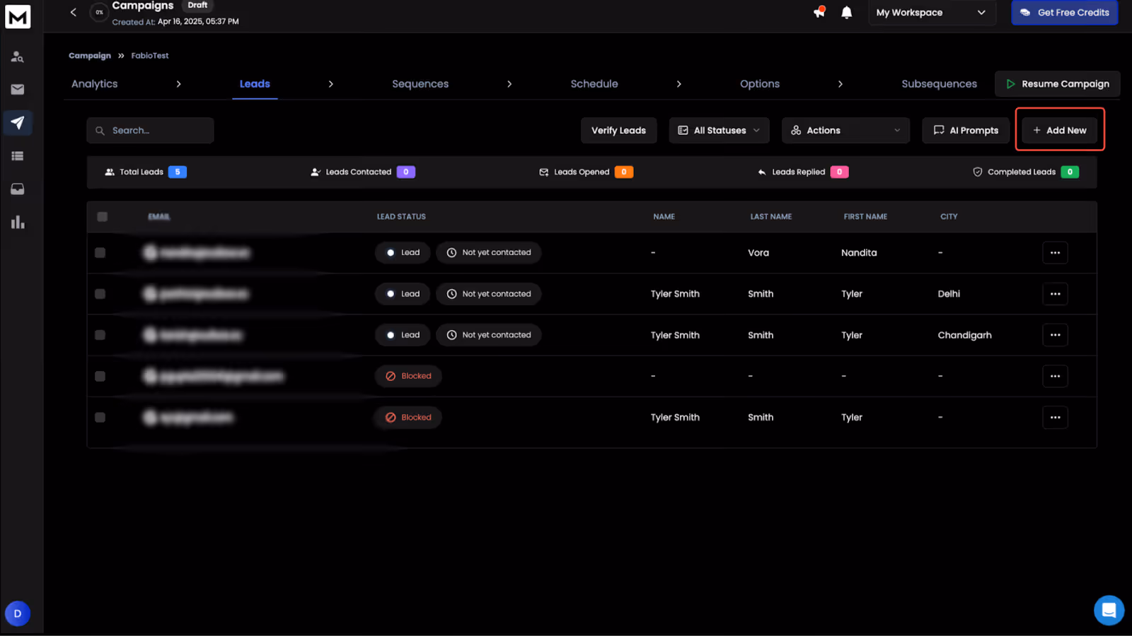 ReachInbox campaign dashboard showing leads list with statuses like lead, blocked, and not yet contacted, plus buttons for verifying and adding new leads.