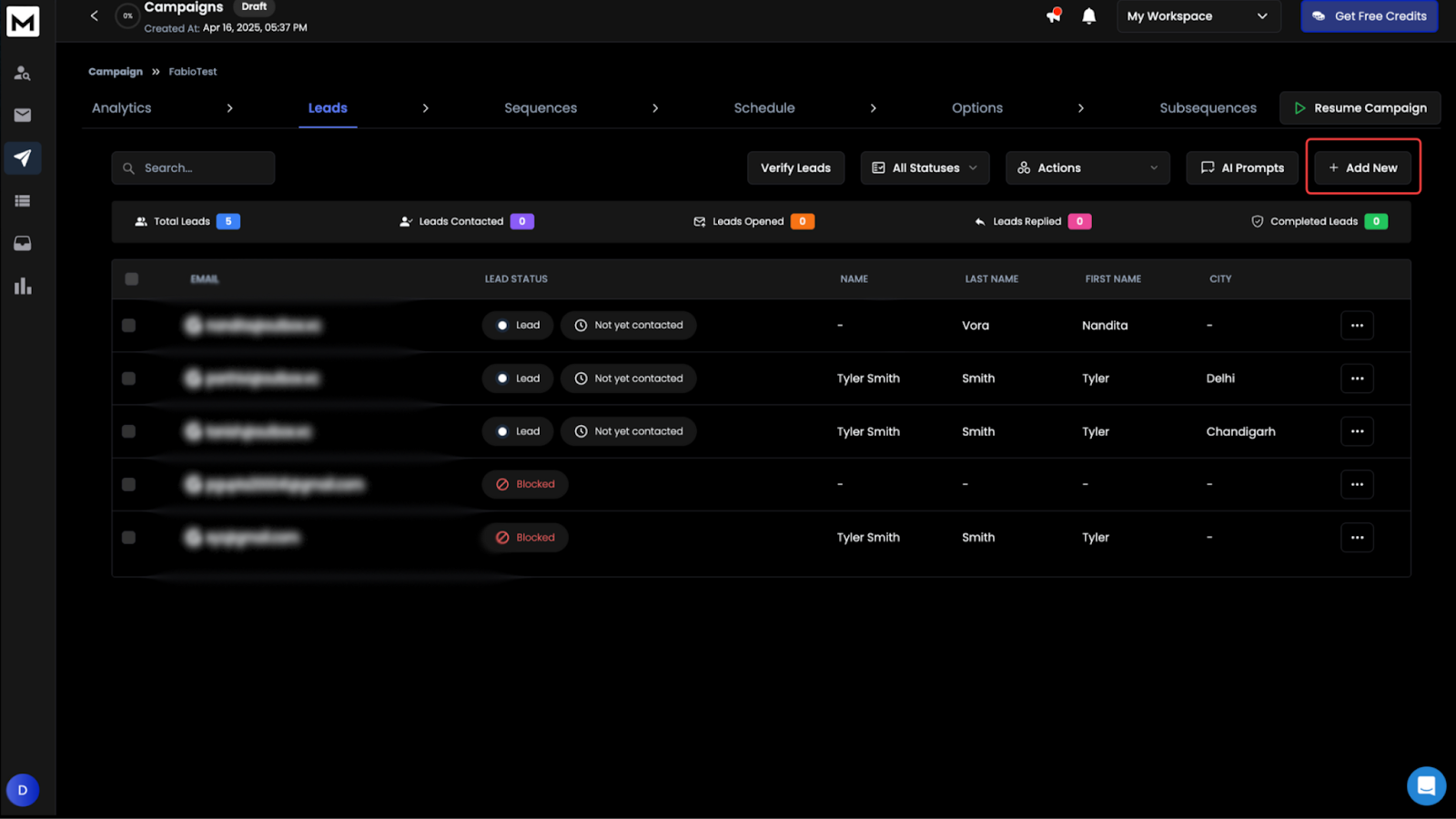 ReachInbox campaign dashboard showing leads list with statuses like lead, blocked, and not yet contacted, plus buttons for verifying and adding new leads. 