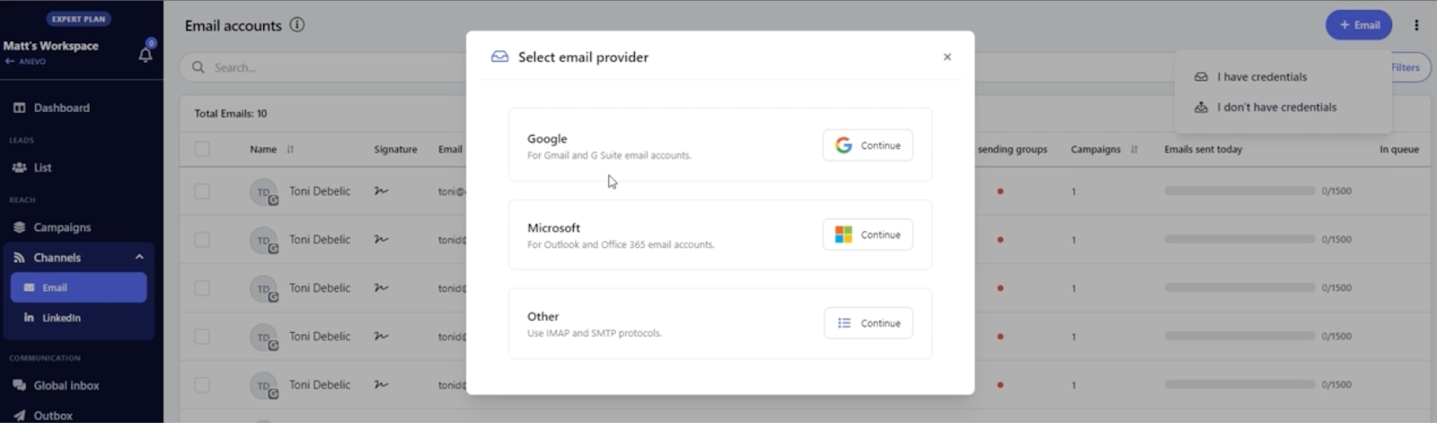 Dashboard showing email account setup screen with options to select provider, Google, Microsoft, or Other (IMAP/SMTP).