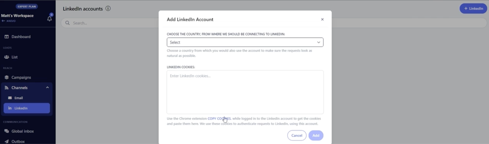 Screenshot showing LinkedIn account setup form with country selection and cookie authentication fields for connecting accounts securely.