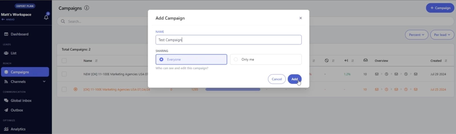 Campaign creation screen showing a user naming a new campaign and selecting sharing options between “Everyone” or “Only me.”
