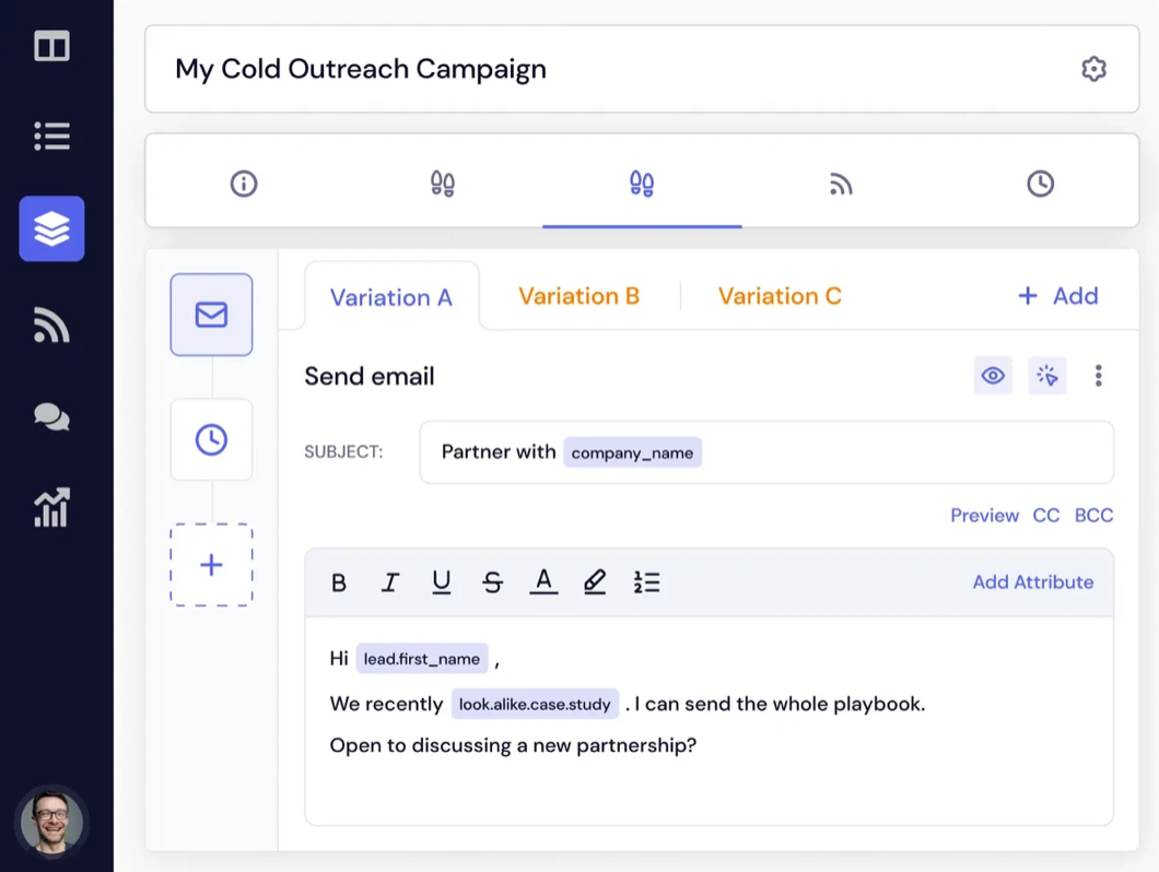 Cold outreach campaign editor showing email variations A, B, and C with customizable subject lines and personalized message fields.