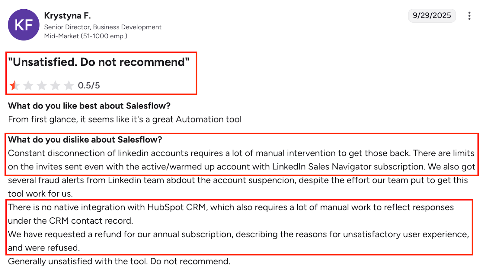 G2 user review of Salesflow with a 0.5/5 rating titled “Unsatisfied. Do not recommend,” citing issues like LinkedIn disconnections, limited invites, no HubSpot integration, and denied refund requests.