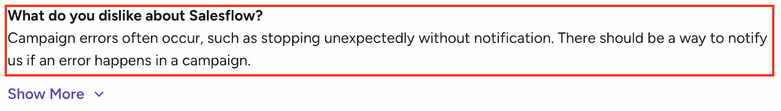 G2 user review noting that Salesflow campaigns often stop unexpectedly without notifications and suggesting alerts for campaign errors.