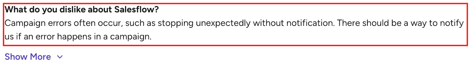 G2 user review noting that Salesflow campaigns often stop unexpectedly without notifications and suggesting alerts for campaign errors.