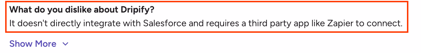 G2 user review stating Dripify lacks direct Salesforce integration and requires using third-party tools like Zapier for connectivity.