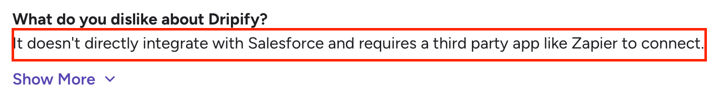 User review on G2 highlighting that Dripify lacks direct Salesforce integration and requires using Zapier as a third-party connector.