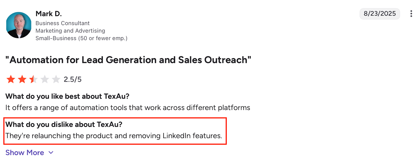 G2 review rating TexAu 2.5 out of 5 stars, noting that the platform offers automation tools across different platforms but is removing LinkedIn features.