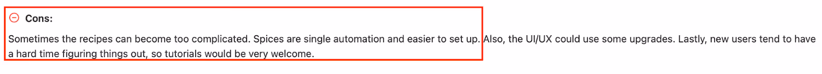 TexAu user review on Capterra highlighting cons such as complicated recipes, need for better UI/UX, and lack of tutorials for new users.