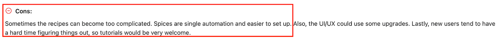 TexAu user review on Capterra highlighting cons such as complicated recipes, need for better UI/UX, and lack of tutorials for new users.