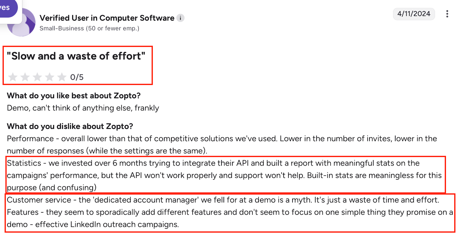 G2 user review of Zopto describing issues such as poor campaign performance, broken API statistics, and unhelpful customer support, noting that the “dedicated account manager” promise felt misleading.