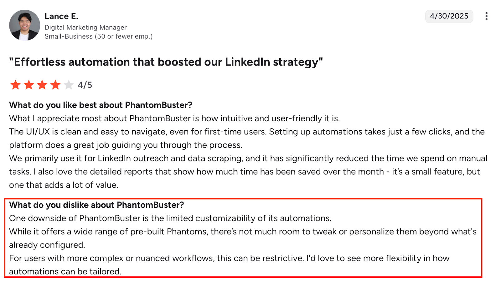 G2 user review praising PhantomBuster’s clean UI, easy setup, and time-saving automations for LinkedIn outreach, while noting limited customization and flexibility for complex workflows.