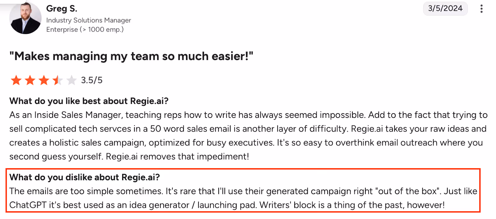 Regie.ai review noting simple email outputs best used as idea starters rather than complete campaigns.