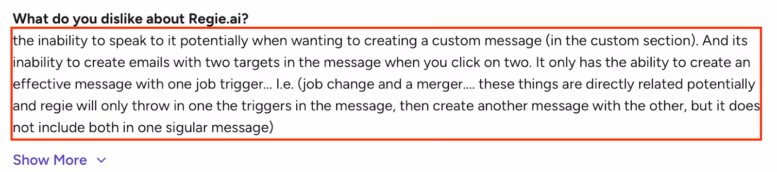 Regie.ai review noting issues with custom messaging and inability to combine multiple triggers in one email.