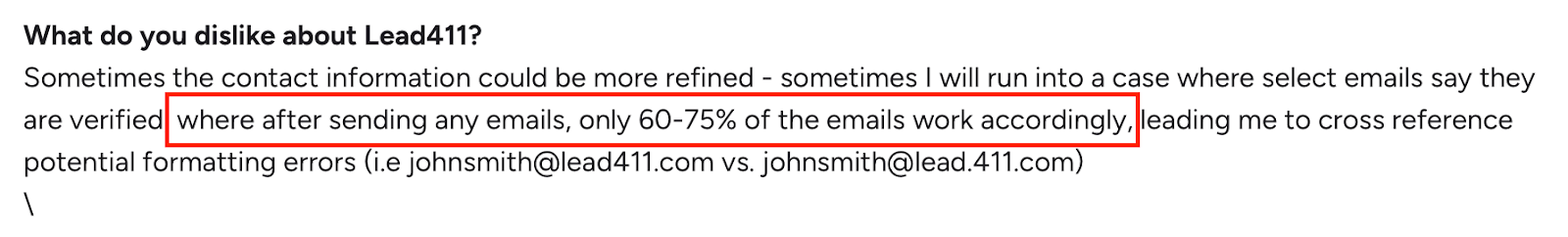 Screenshot of a G2 review where a user mentions their dislike about Lead411, noting that while some emails are marked as verified, only 60–75% actually work after sending, requiring manual checks for formatting errors.