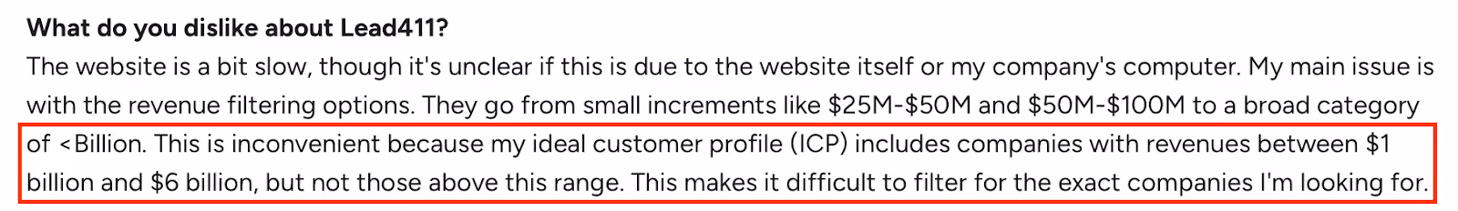 Screenshot of a G2 review where a user mentions their dislike about Lead411, noting that the revenue filtering options are too broad explaining it’s hard to filter for companies with revenues between $1 billion and $6 billion due to limited category ranges.