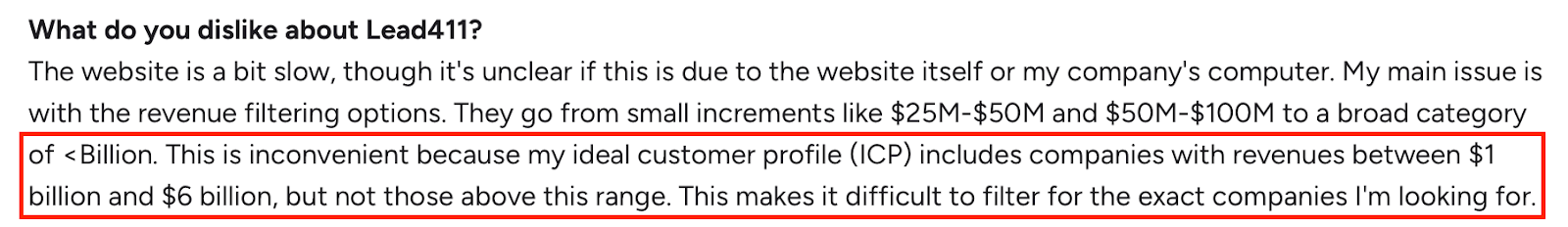 Screenshot of a G2 review where a user mentions their dislike about Lead411, noting that the revenue filtering options are too broad explaining it’s hard to filter for companies with revenues between $1 billion and $6 billion due to limited category ranges.