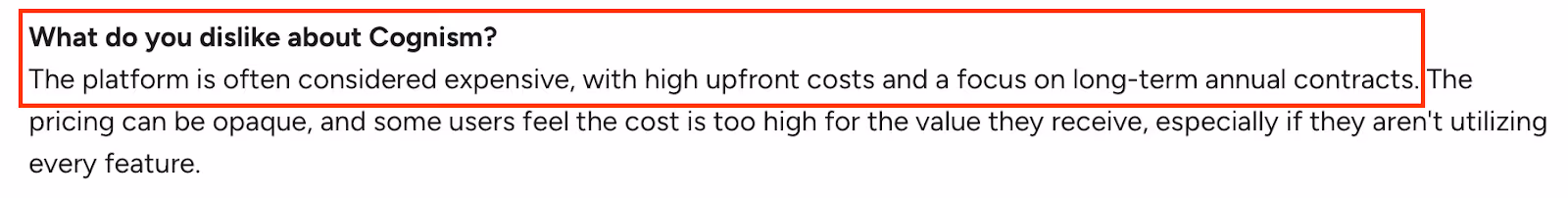 G2 review showing user feedback on Cognism pricing concerns, mentioning high upfront costs, long-term contracts, and opaque pricing.”