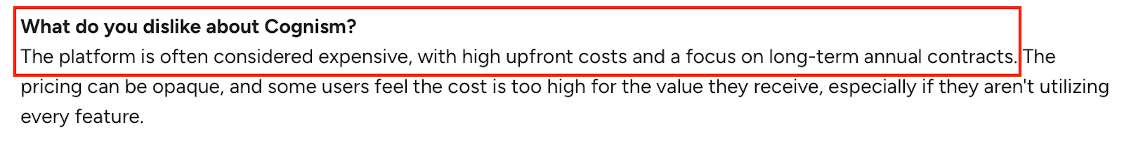 G2 review showing user feedback on Cognism pricing concerns, mentioning high upfront costs, long-term contracts, and opaque pricing.”