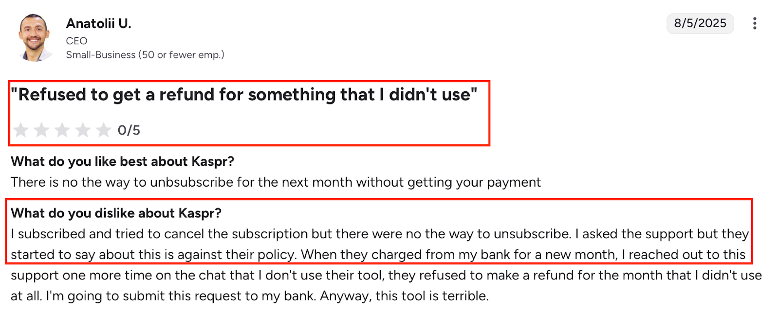 G2 review showing a user complaint about Kaspr’s refund policy. The reviewer rated it 0/5, mentioning issues with canceling subscriptions, lack of refund for unused months, and poor customer support response.