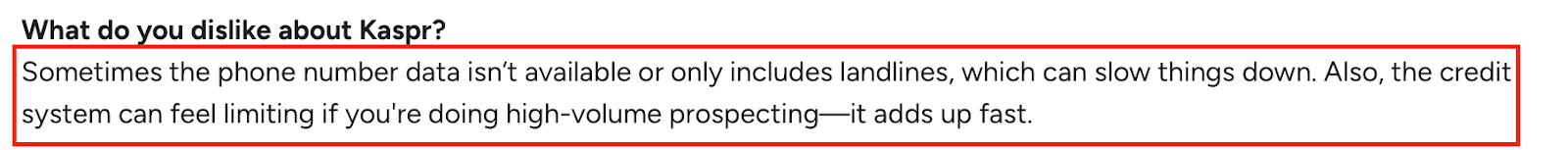 User review noting Kaspr’s phone data gaps and limited credit system for high-volume prospecting.