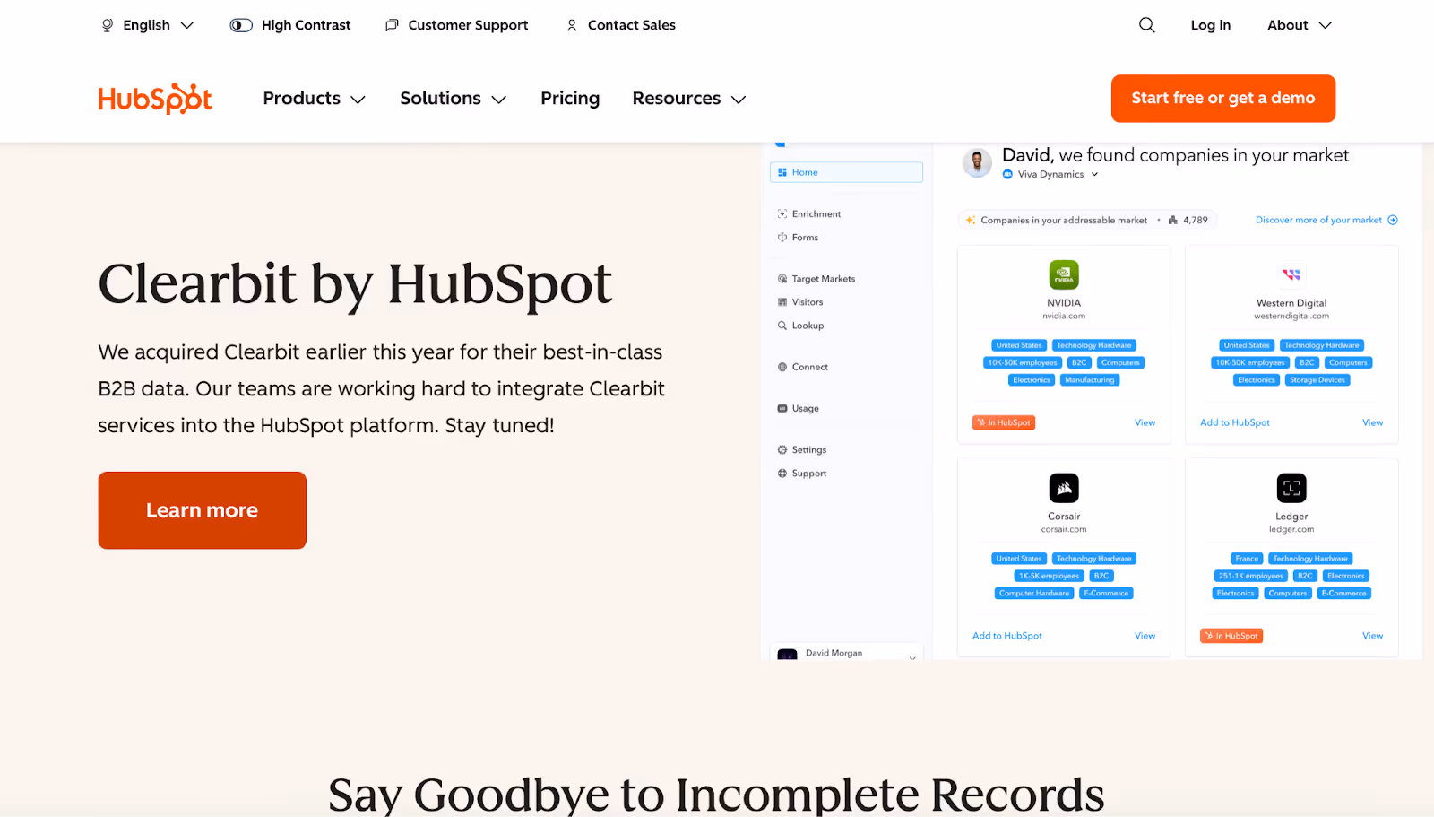 Clearbit By Hubspot Homepage