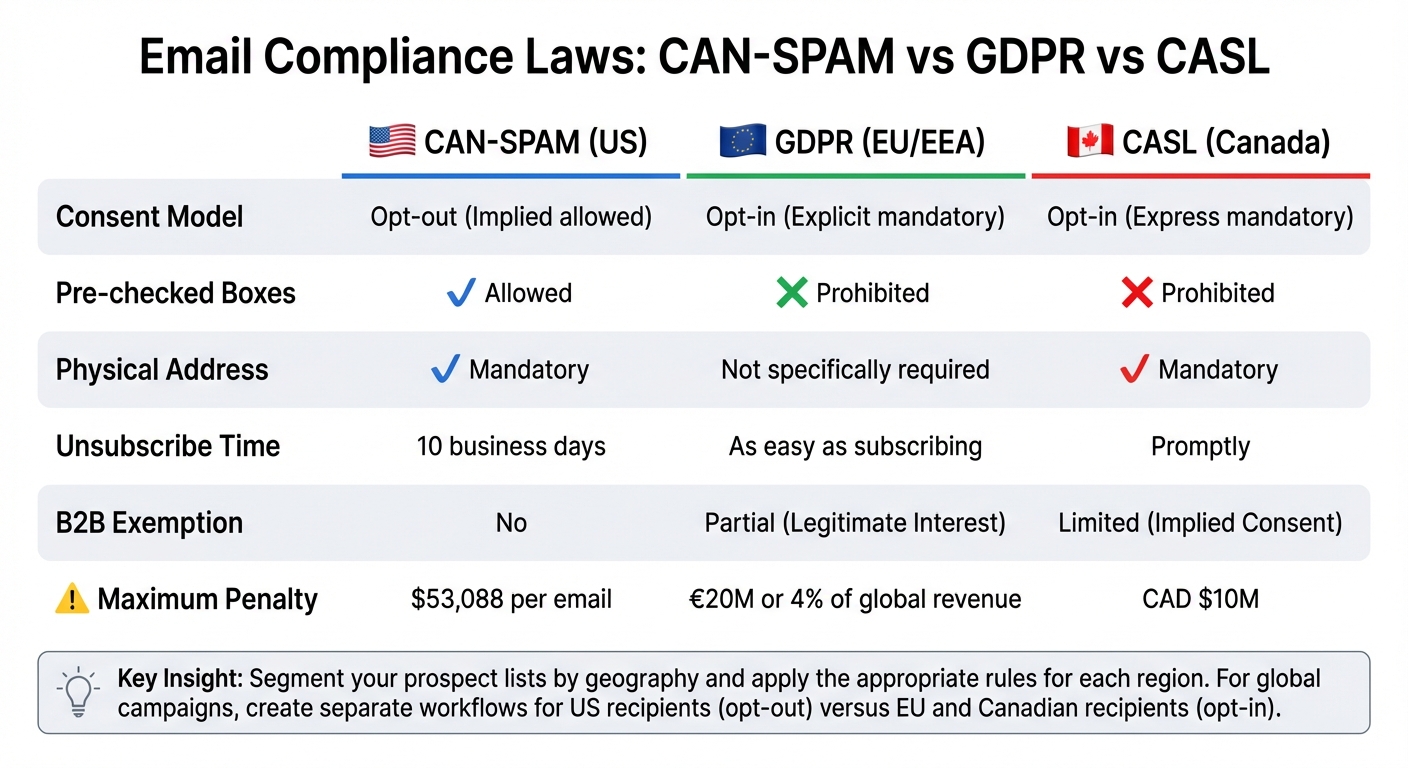 CAN-SPAM vs GDPR vs CASL Email Compliance Requirements Comparison