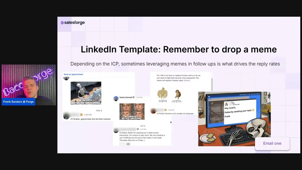High-contrast slide 'LinkedIn Template: Remember to drop a meme' showing multiple meme examples used in follow-up messages and a presenter thumbnail