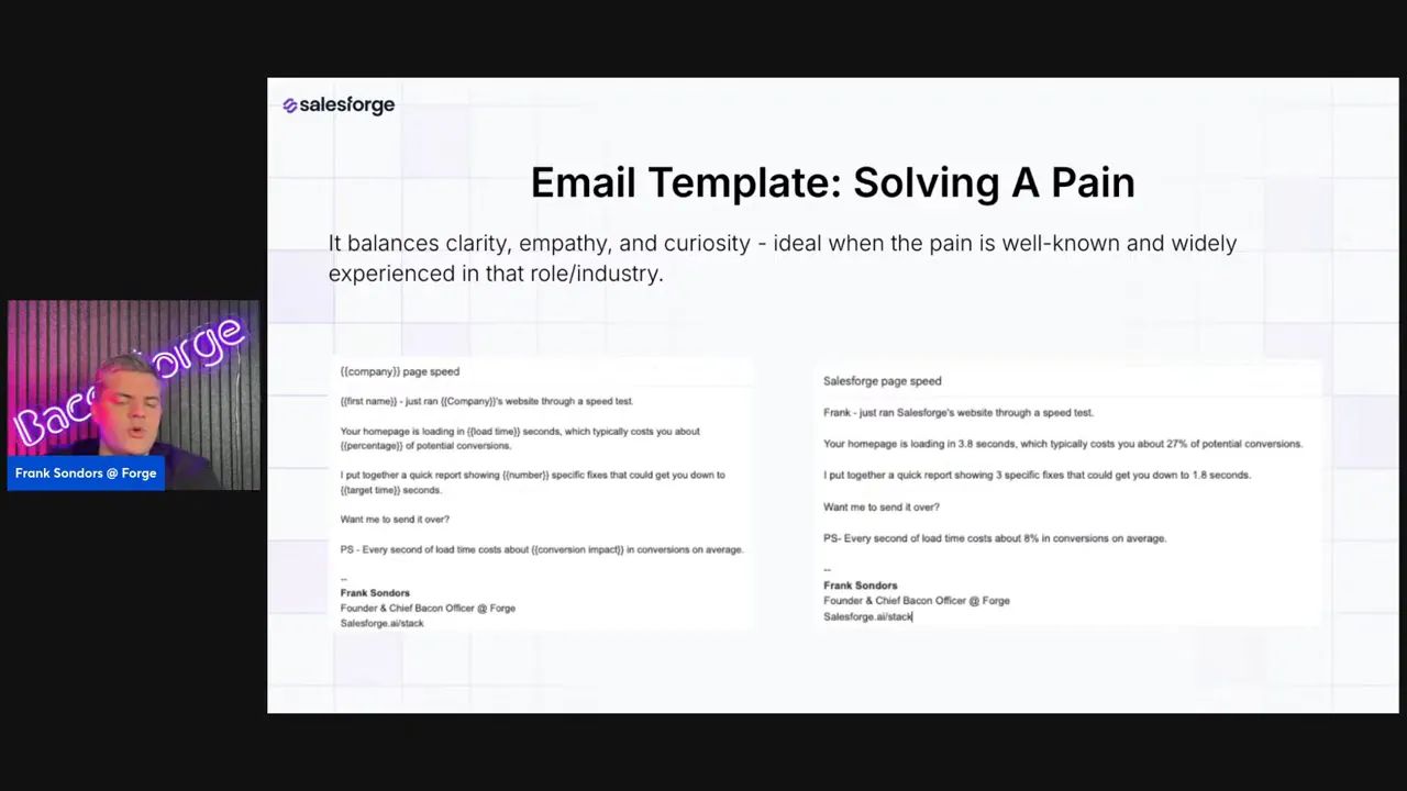 High-contrast presentation slide 'Email Template: Solving A Pain' with two example emails clearly visible and a small presenter thumbnail on the left.