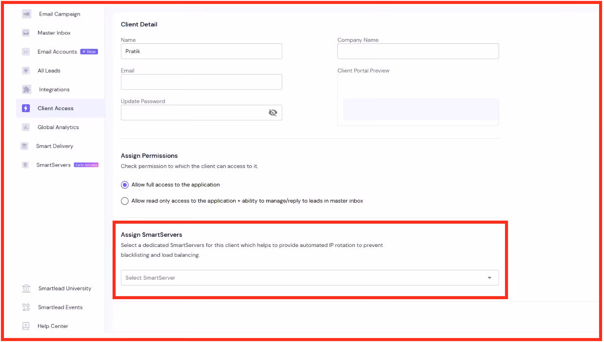 Assign Dedicated Server to clients on SmartLead
