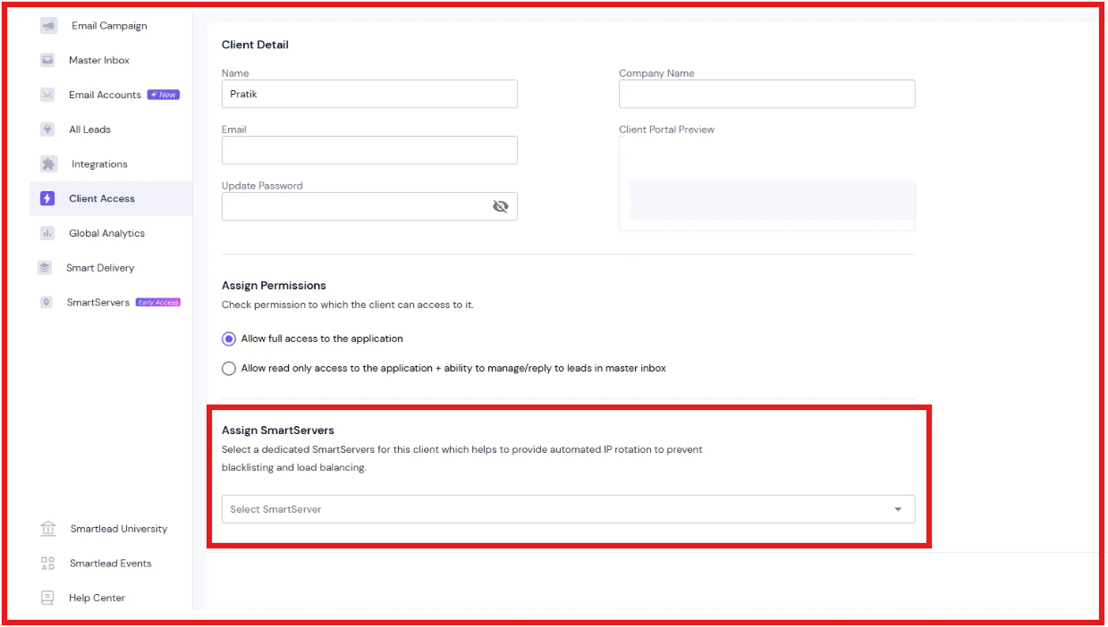 Assign Dedicated Server to clients on SmartLead