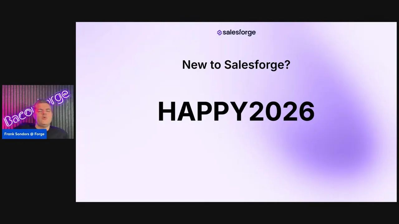 Presentation slide reading 'New to Salesforge? HAPPY2026' with Salesforge logo and a small presenter thumbnail at left on a pale purple gradient background