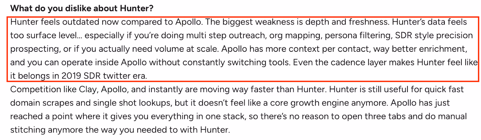 Hunter.io review describing outdated data, limited depth, and slower innovation compared to Apollo.