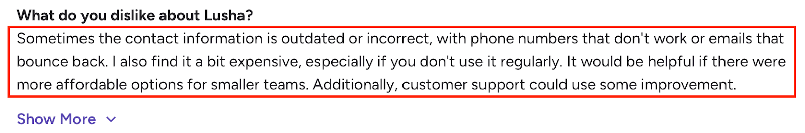 Lusha review mentioning outdated contact data, high pricing, and need for better customer support.