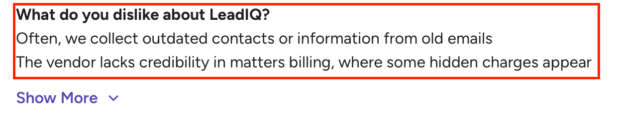 G2 User review mentioning LeadIQ’s outdated contact data and hidden billing charges reducing trust.