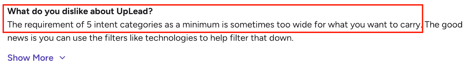 G2 User review noting UpLead’s requirement of at least 5 intent categories, which can feel too broad for targeted searches.