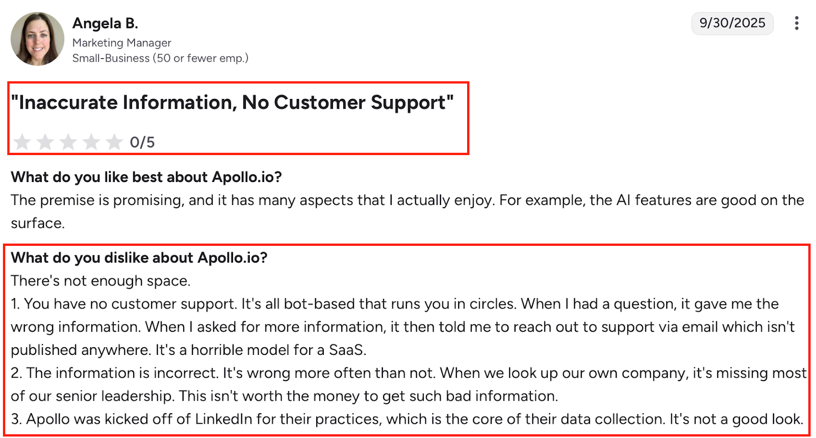 G2 User review criticizing Apollo.io for inaccurate data, poor customer support, and issues with LinkedIn data access.