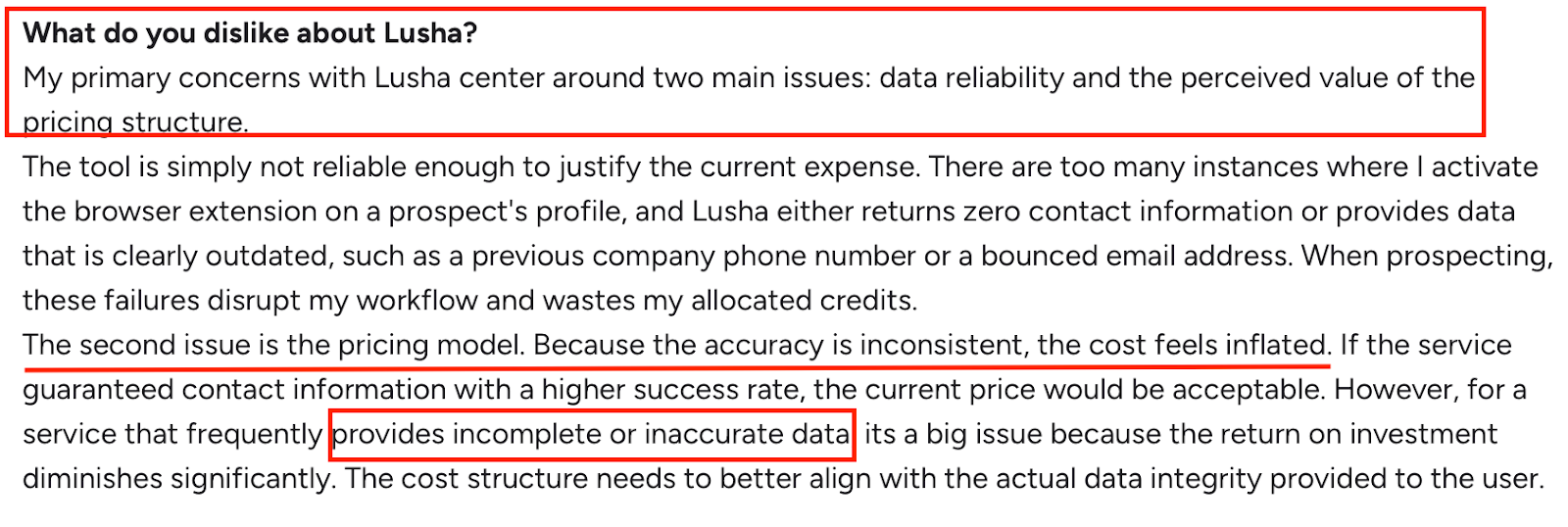 G2 User review pointing out Lusha’s unreliable data accuracy and high pricing compared to value.