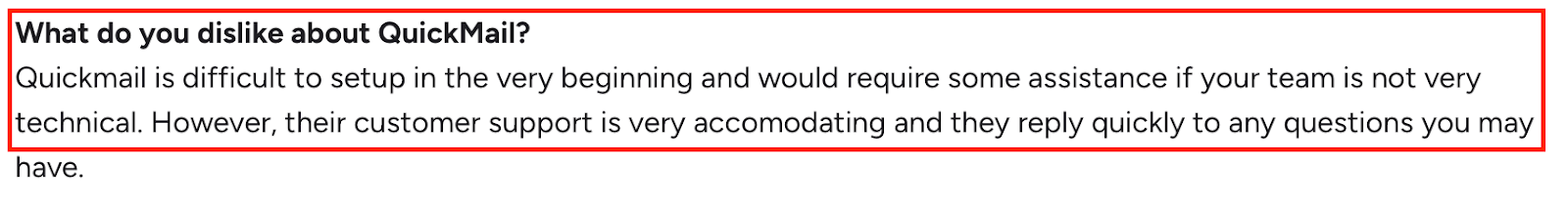 G2 user review mentioning QuickMail can be difficult to set up initially for non-technical teams, but praises its responsive and helpful customer support.