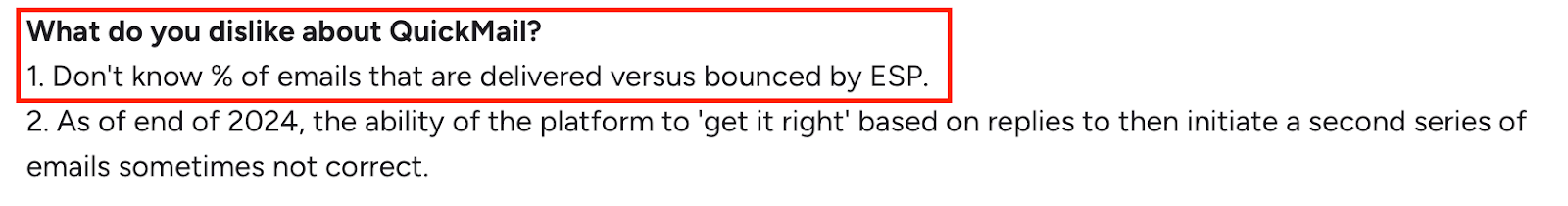 G2 user review highlighting QuickMail’s issues with unclear bounce vs. delivery metrics and occasional inaccuracies in follow-up sequencing.
