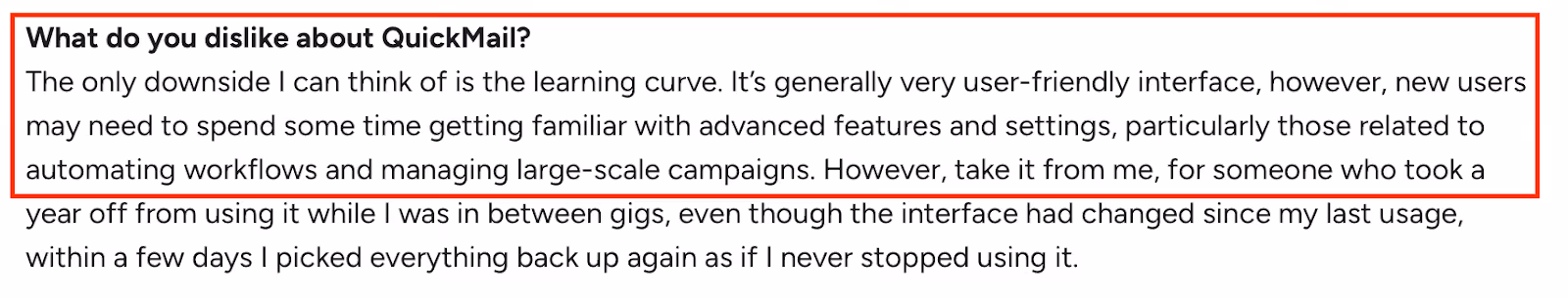  G2 user review noting that QuickMail’s only downside is its learning curve, as new users may take time to get used to automation and campaign management features.