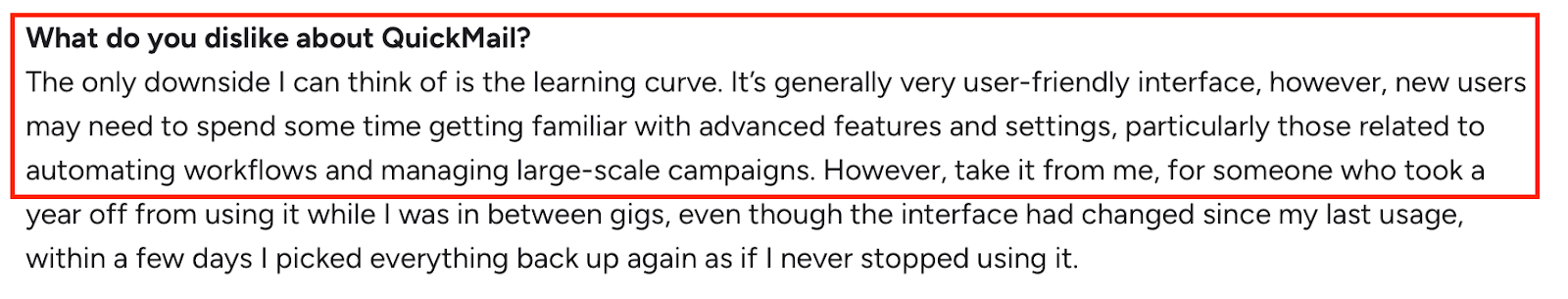  G2 user review noting that QuickMail’s only downside is its learning curve, as new users may take time to get used to automation and campaign management features.