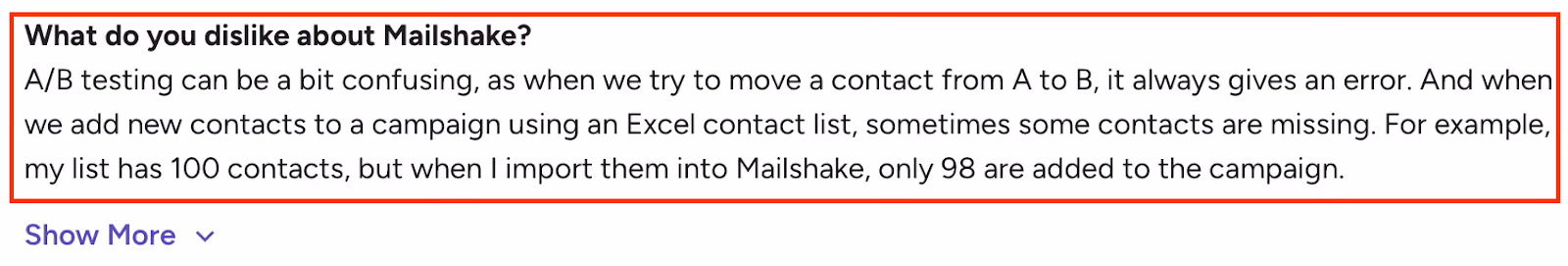 G2 user review of Mailshake highlighting issues with A/B testing errors and contact import discrepancies when uploading lists via Excel.