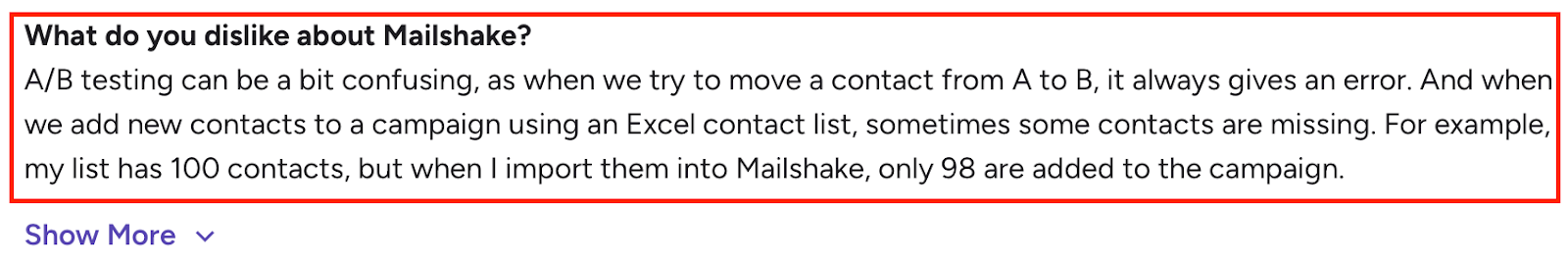 G2 user review of Mailshake highlighting issues with A/B testing errors and contact import discrepancies when uploading lists via Excel.