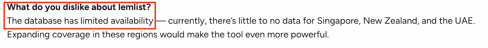 G2 user review of Lemlist noting that the database lacks coverage in regions like Singapore, New Zealand, and the UAE, suggesting wider expansion would improve the tool’s usefulness.