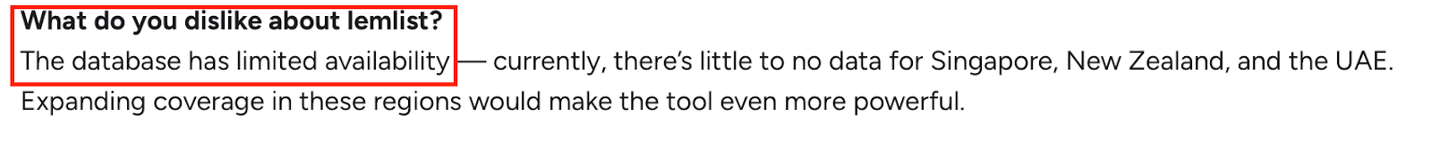 G2 user review of Lemlist noting that the database lacks coverage in regions like Singapore, New Zealand, and the UAE, suggesting wider expansion would improve the tool’s usefulness.