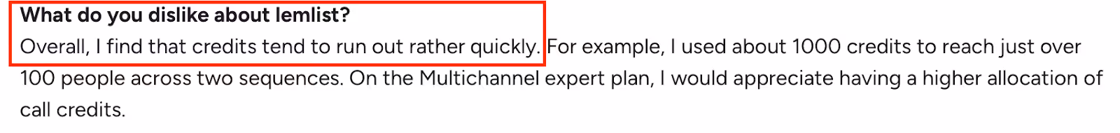 G2 user review of Lemlist noting that credits are consumed quickly, with about 1,000 credits used to contact just over 100 people, suggesting higher credit allocation in the Multichannel Expert plan.