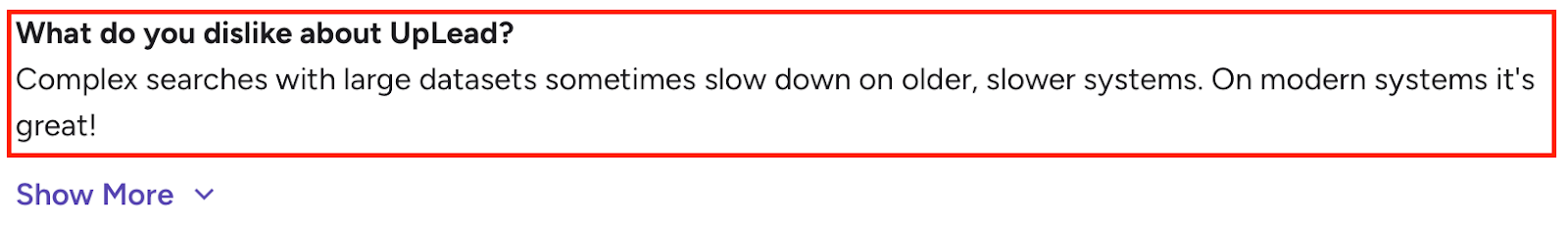 UpLead review mentioning slower performance on complex searches with large datasets on older systems.
