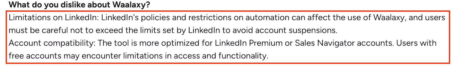 Waalaxy review highlighting LinkedIn automation limits and better compatibility with Premium or Sales Navigator accounts.